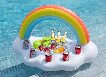 Gay Pride rainbow inflatable pool float cooler with bright multicolor stripes and built-in drink holder