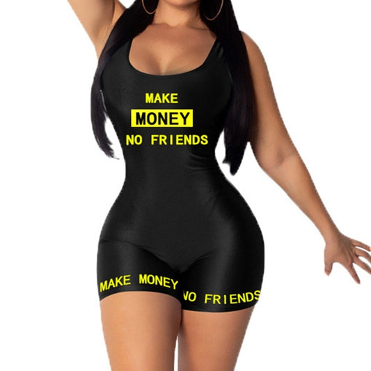 Women’s casual sports jumpsuit, sleeveless summer romper with letter print and fitted one-piece design