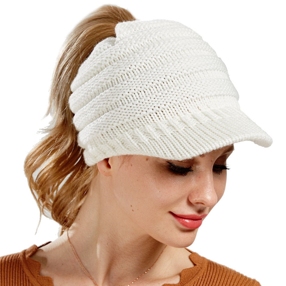 Women's ponytail beanie soft knitted warm autumn winter hat, black cap with opening for ponytail