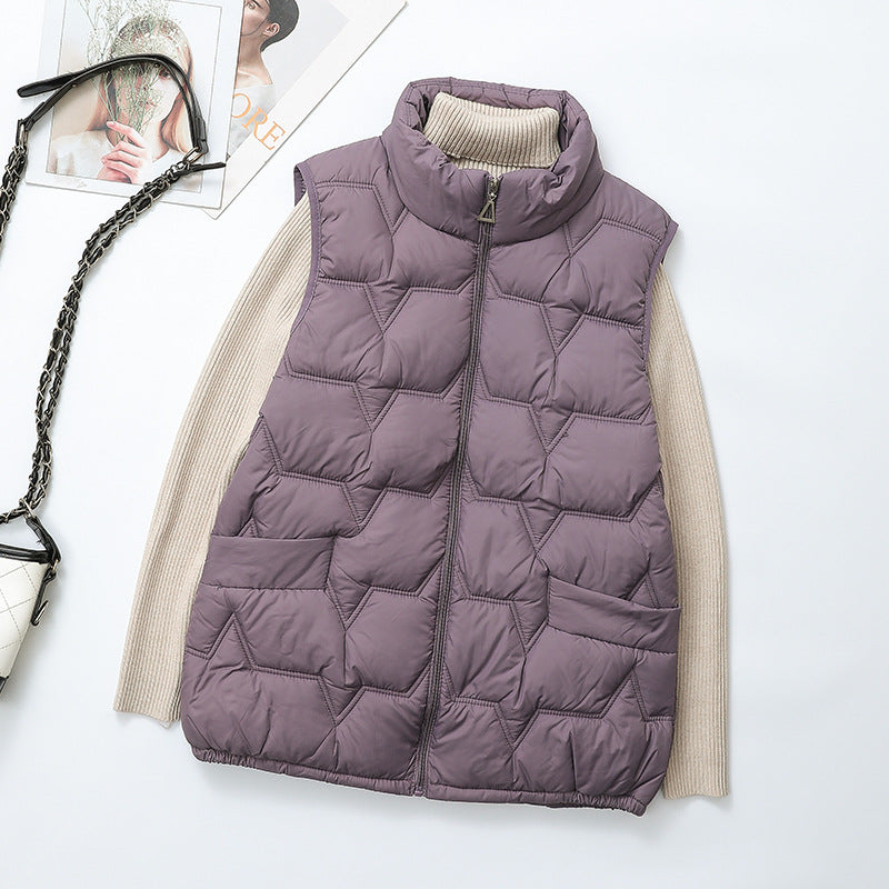 Large-size down cotton vest for fall and winter, quilted padded outerwear in a neutral color