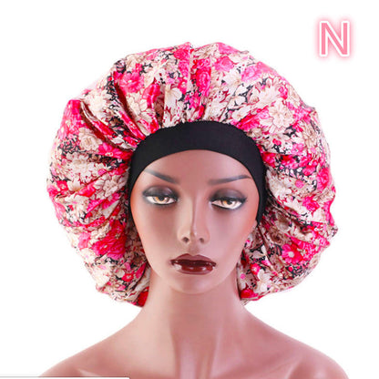 Beauty print satin silk bonnet sleep night cap in a colorful patterned design