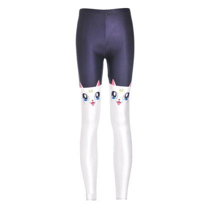 Women's fitness leggings with white cat print, full-length stretch design