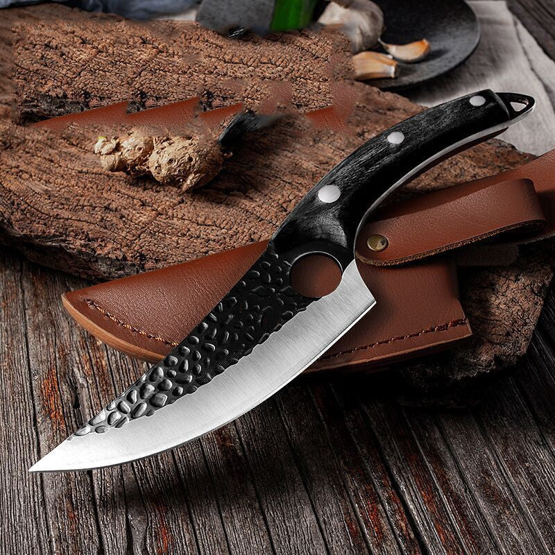 Small scimitar meat boning knife for slaughter, skinning, and pig butchering, with curved cutting blade
