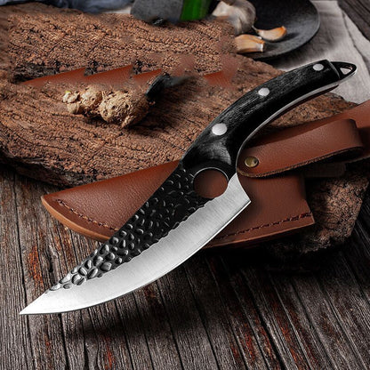 Small scimitar meat boning knife for slaughter, skinning, and pig butchering, with curved cutting blade