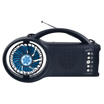 Supersonic Solar Power Bluetooth speaker with FM radio, LED torch light, and fan, showing a portable outdoor audio device.