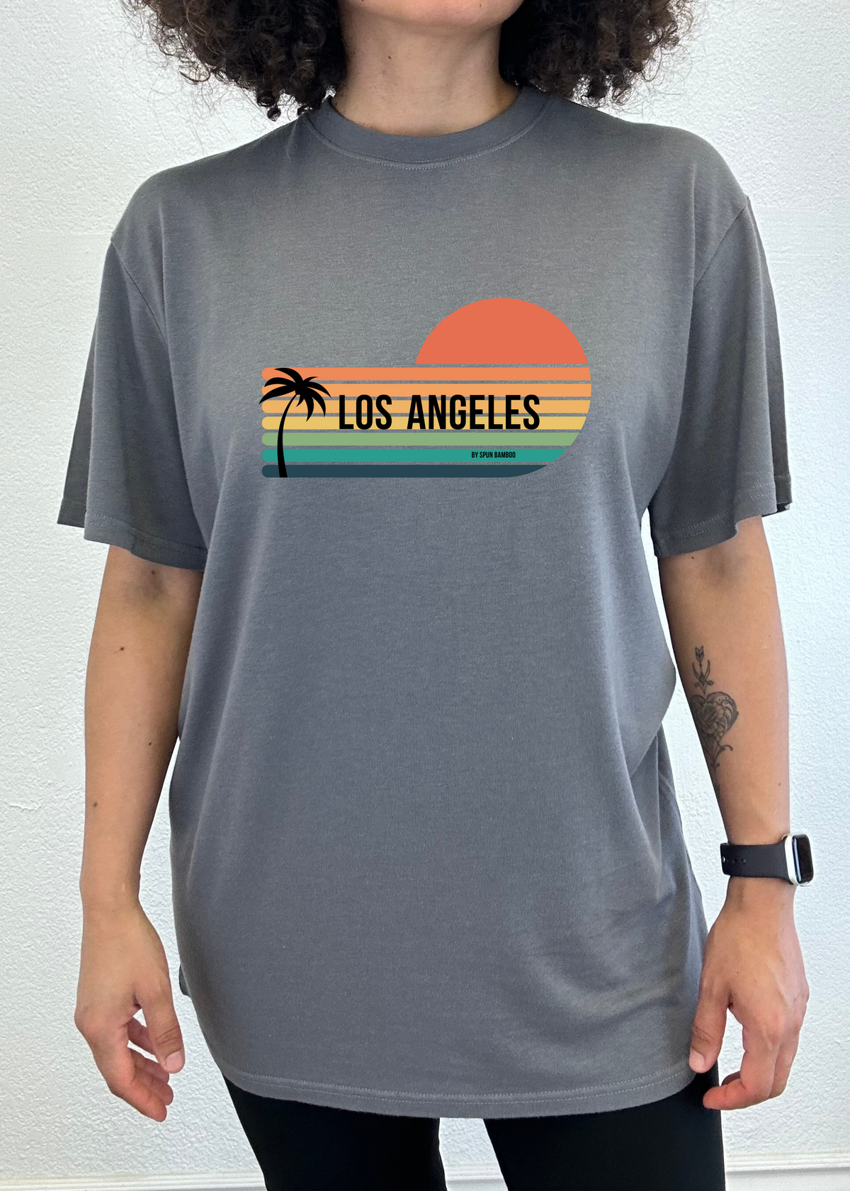 Mens printed T-shirt by Spun Bamboo featuring a Los Angeles graphic on short sleeve bamboo viscose and organic cotton fabric.