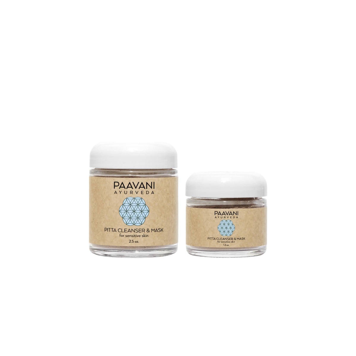 Paavani Ayurveda Pitta Cleanser and Mask with Ayurvedic cleansing grains for sensitive, reactive skin, shown in a simple container.