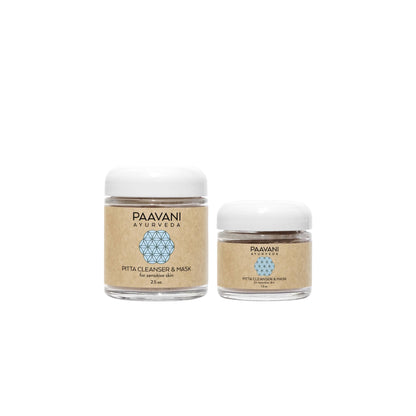 Paavani Ayurveda Pitta Cleanser and Mask with Ayurvedic cleansing grains for sensitive, reactive skin, shown in a simple container.