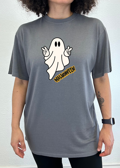 Unisex Halloween ghost T-shirt by Spun Bamboo featuring a printed graphic, short sleeves, made from organic bamboo viscose and cotton.