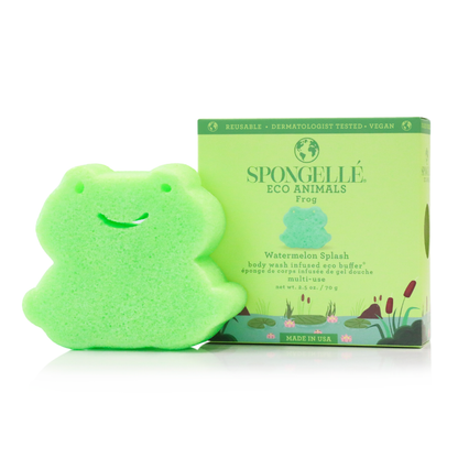 Green frog-shaped Spongellé Eco Animals kids body wash infused buffer with textured surface for gentle cleansing and playful design.