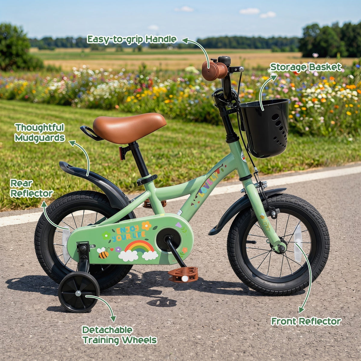 Green 14-inch girls' kids bike with training wheels and front basket, featuring a sturdy frame and colorful design by GBruno Store.