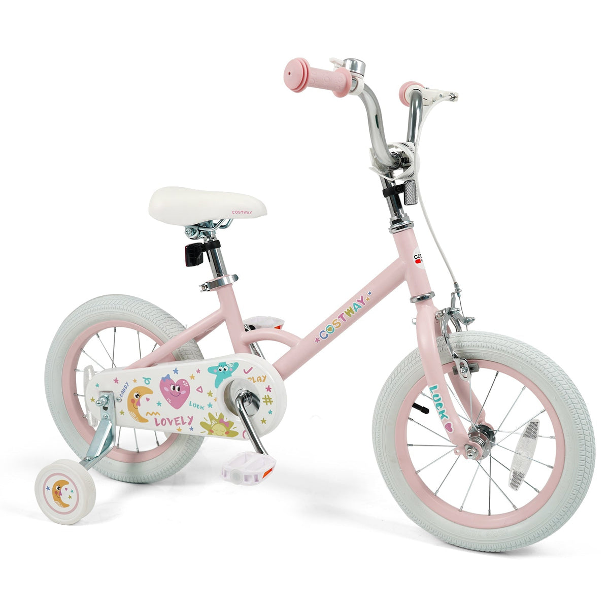 Pink kids bike with training wheels featuring stars and moon designs, suitable for children aged 12-18 inches, GBruno Store.
