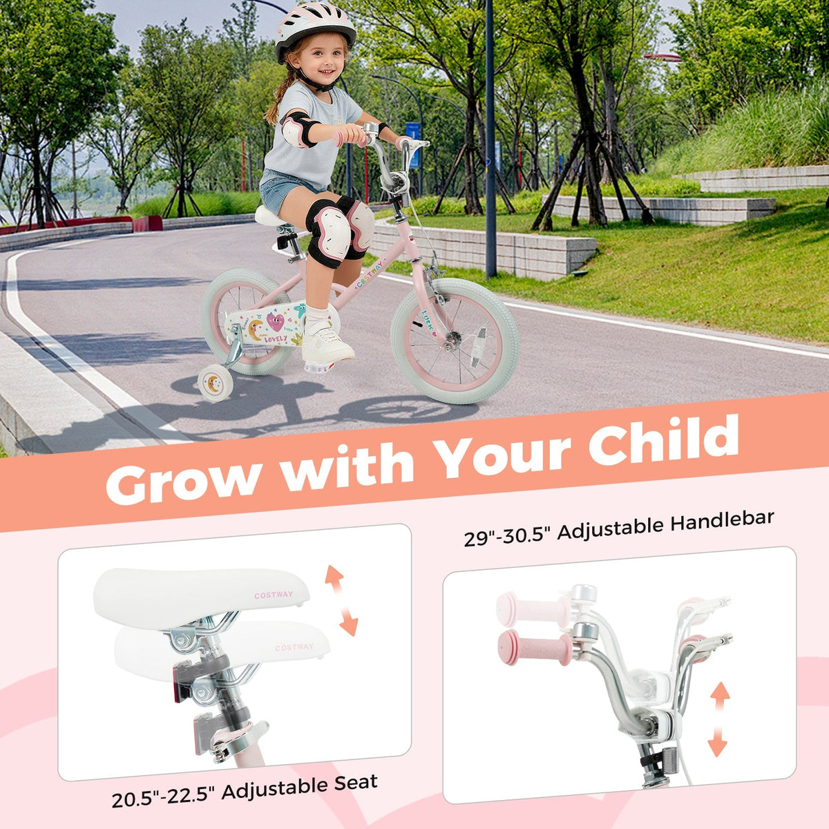 Pink kids bike with stars and moon design, 12-18 inch size, includes training wheels, from GBruno Store.