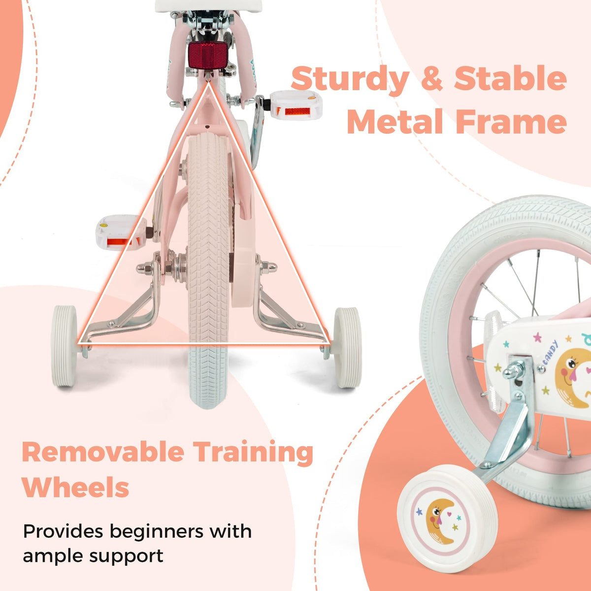 Pink kids bike with stars and moon design, 12-18 inch size with training wheels, suitable for young children.