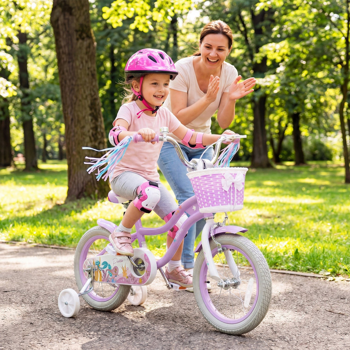 Purple kids bike with 14-inch wheels, training wheels, and front basket, designed for young children by GBruno Store.