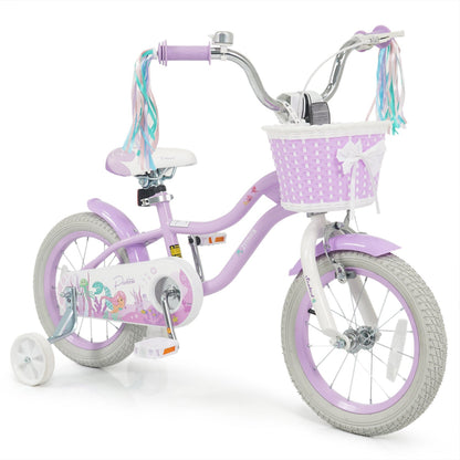 Purple kids bike with training wheels and front basket, 14-inch size, suitable for children learning to ride.
