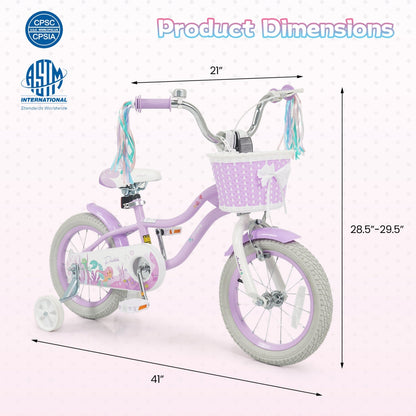 Purple kids bike with training wheels and basket, 14-inch frame, suitable for children learning to ride, by GBruno Store.