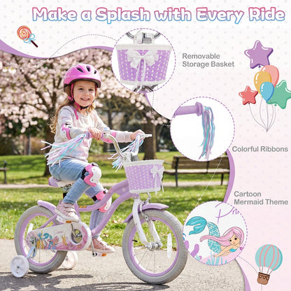 Purple kids bike with training wheels and front basket, 12-14 inch size, suitable for young children by GBruno Store.