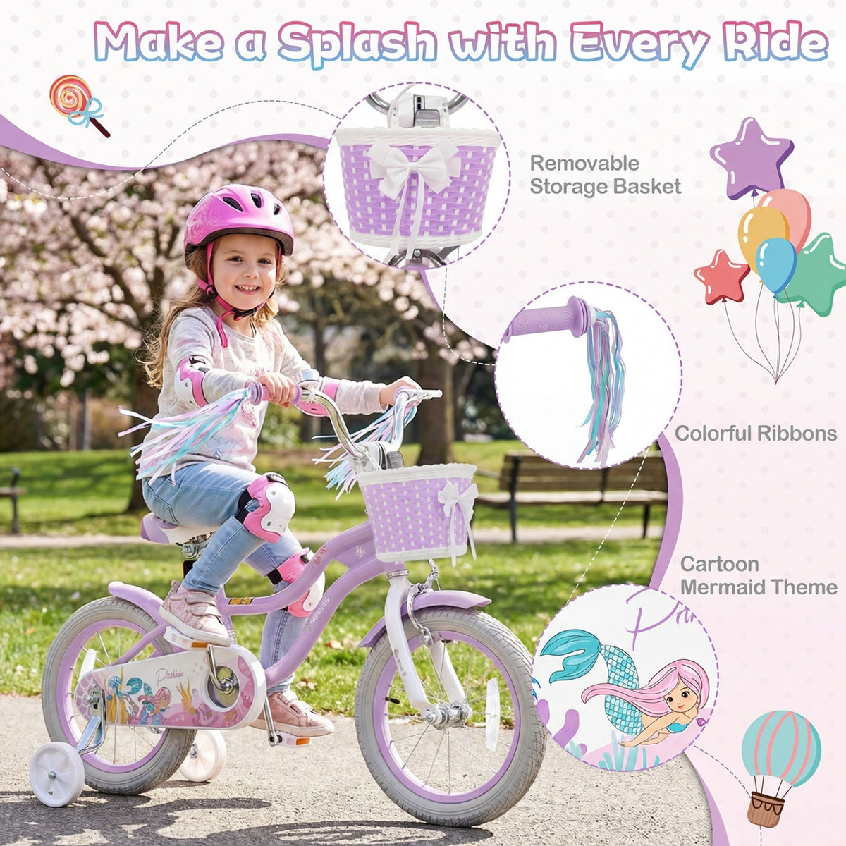 Purple kids bike with training wheels and basket, 14-inch size, featuring a sturdy frame and colorful design for young children.