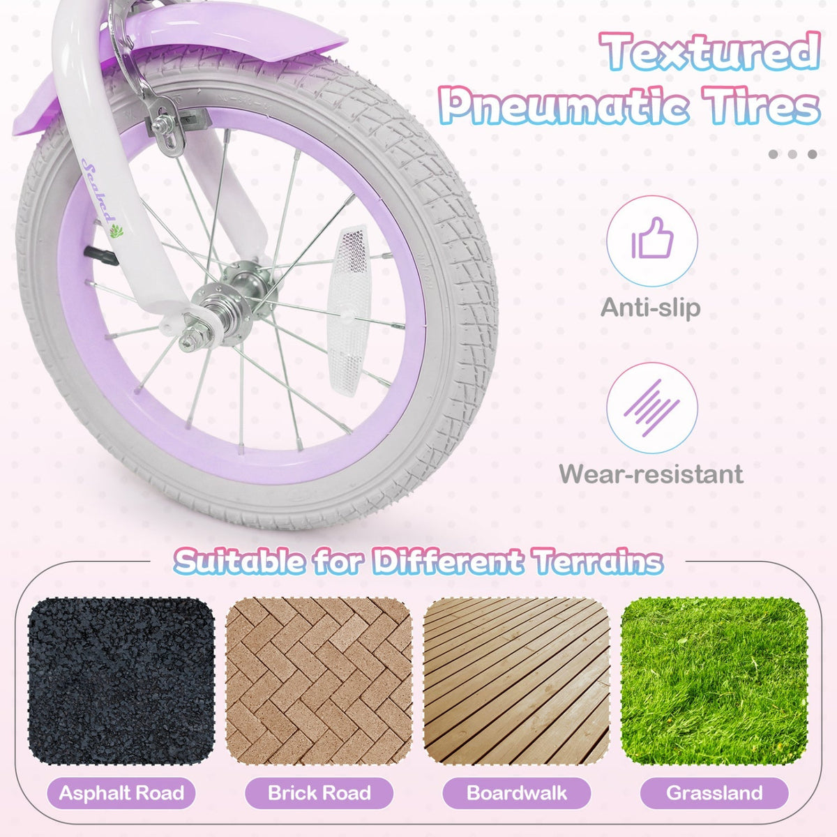 Purple kids bike with training wheels and front basket, 14-inch size, suitable for young children learning to ride.