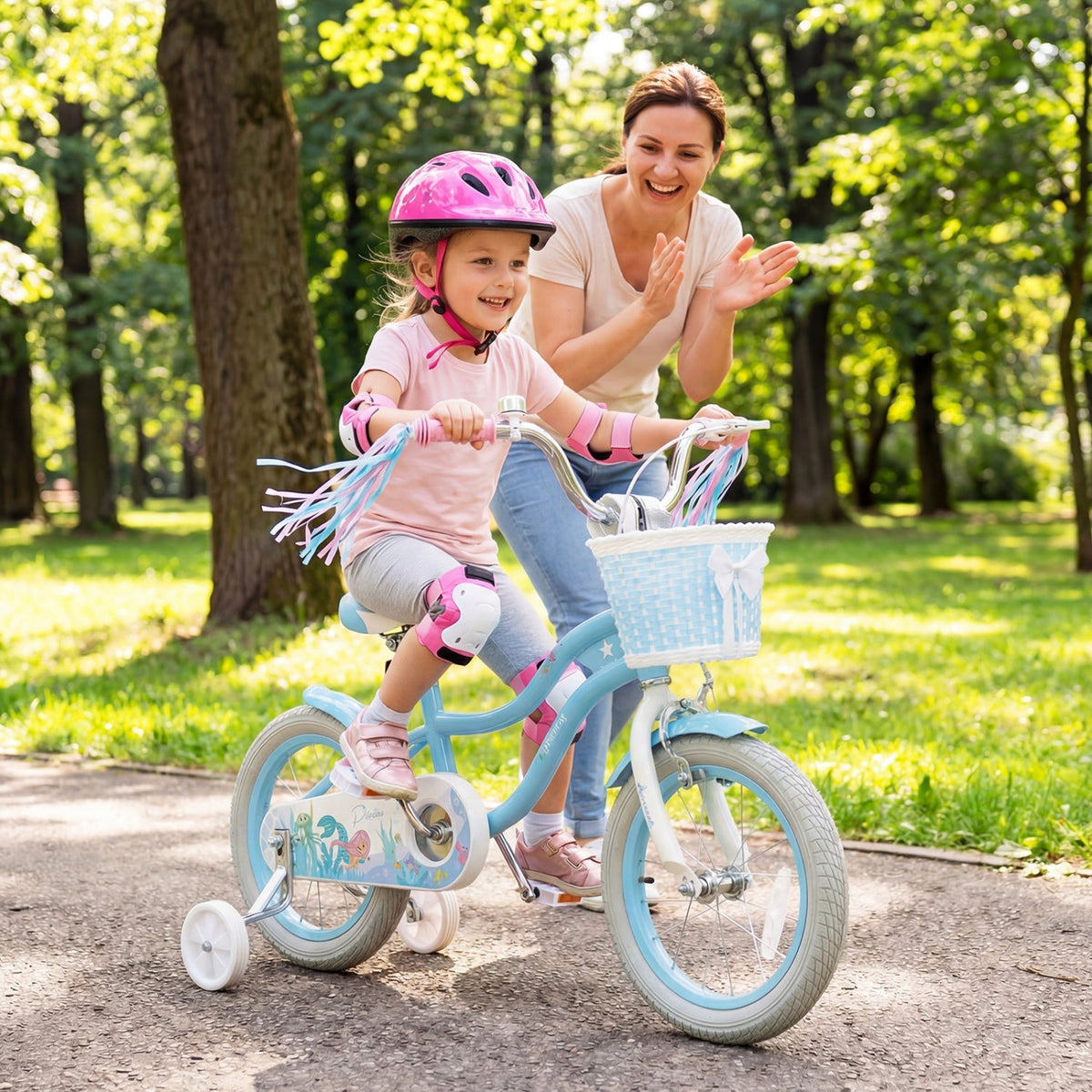 Kids bike by GBruno Store featuring 14-inch wheels, training wheels, and a front basket for young riders.