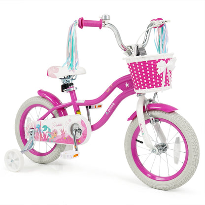 Pink 18-inch kids bike with training wheels and front basket, designed for children, featuring a sturdy frame and colorful accents.