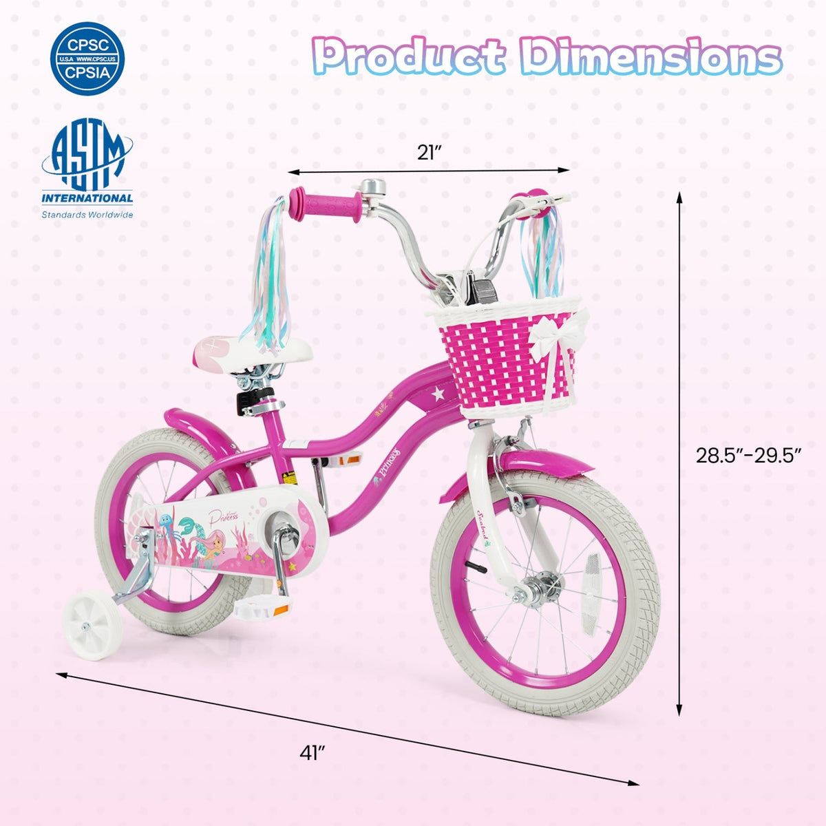 Pink 18-inch kids bike with training wheels and front basket, featuring a sturdy frame and colorful design for young riders.