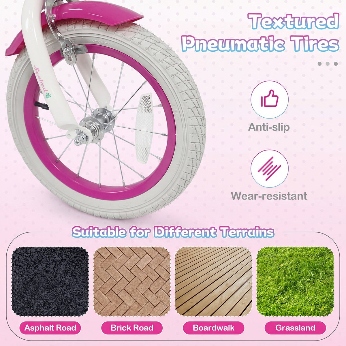 Kids pink red 18-inch bike with training wheels and front basket, perfect for young children learning to ride.