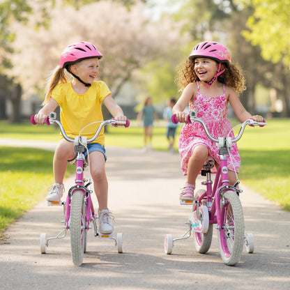 Pink kids bike with 12-18 inch wheels and training wheels, suitable for young children, branded GBruno Store.