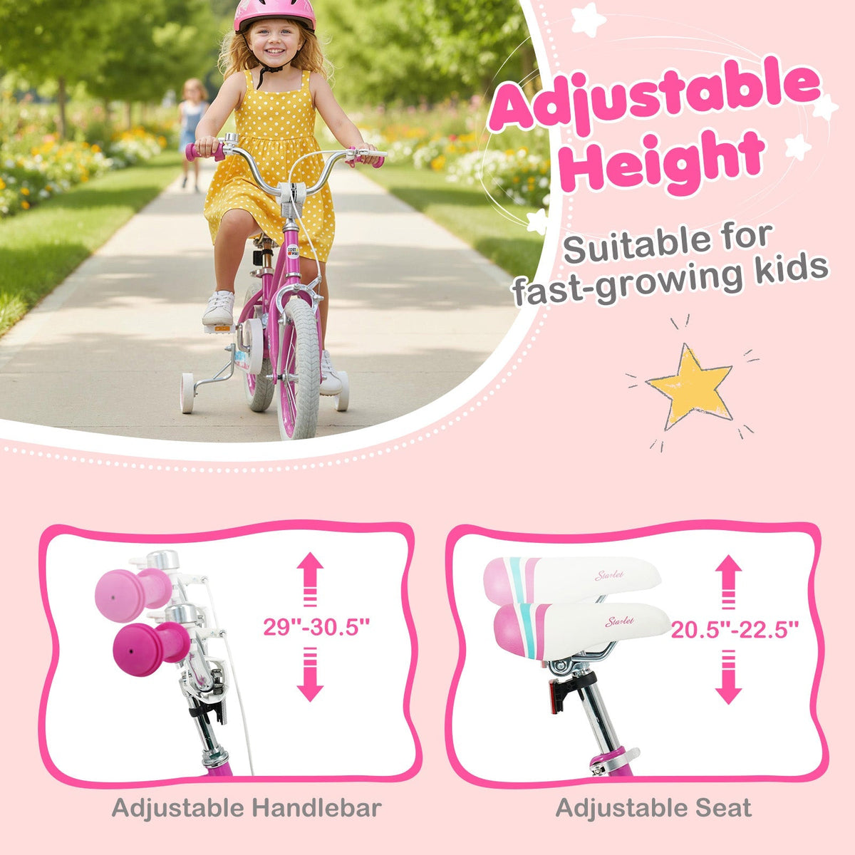 Pink GBruno kids bike with 12-18 inch wheels and training wheels, suitable for young children learning to ride.