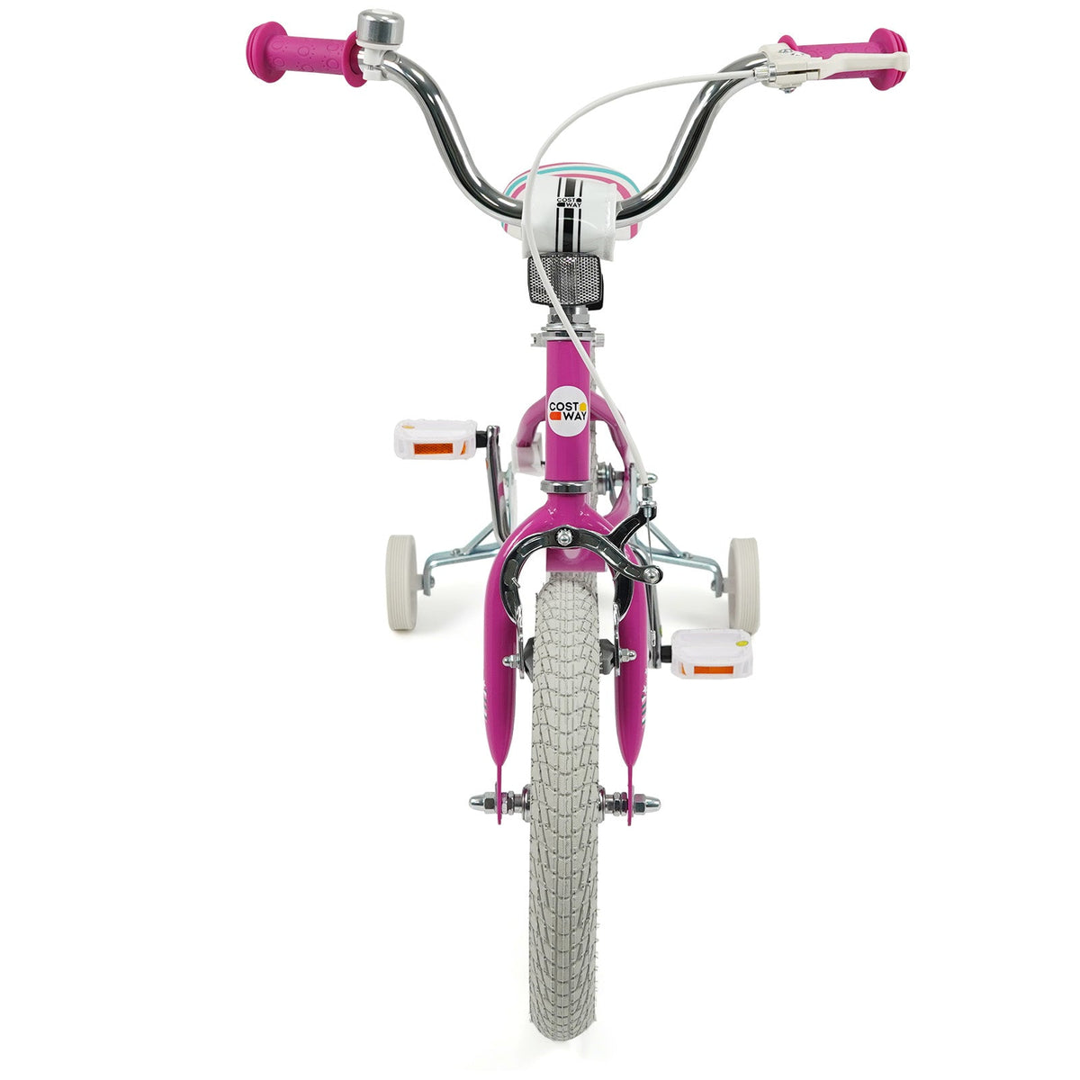 Pink kids bike with 12-18 inch wheels and training wheels, ideal for young children learning to ride.