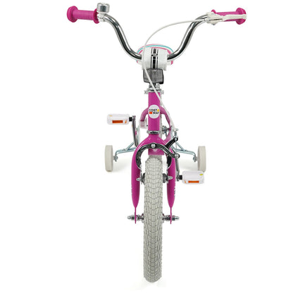 Pink kids bike with 12-18 inch wheels and training wheels, ideal for young children learning to ride.