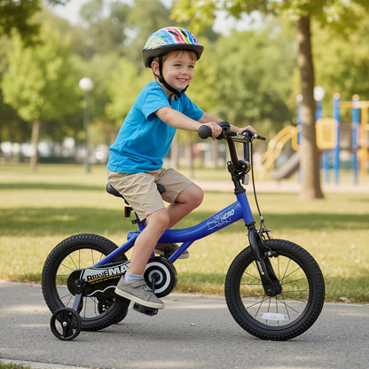 Navy 14-inch kids bike with removable training wheels and black handlebars, perfect for young children learning to ride.