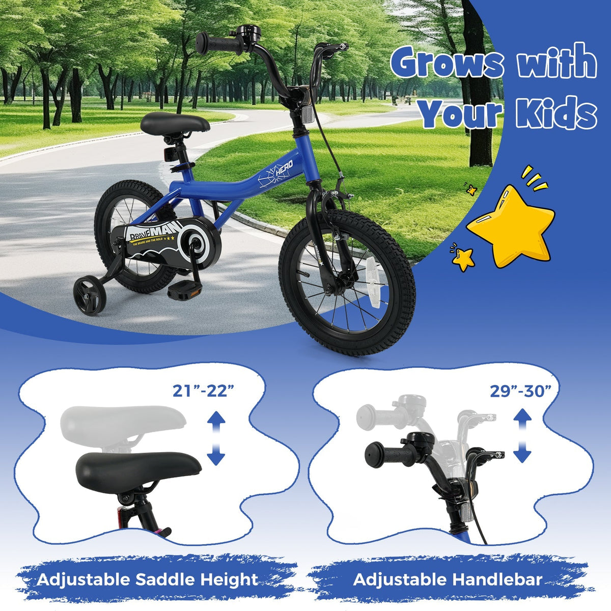 14-inch navy kids bike with removable training wheels and sturdy frame, perfect for beginner cyclists.