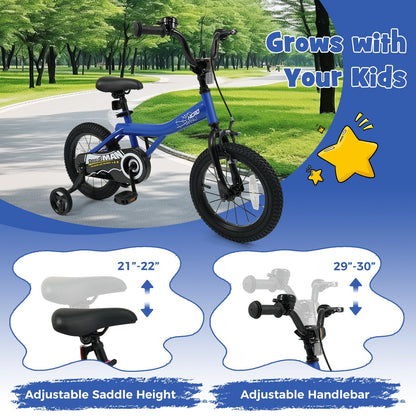 14-inch navy kids bike with removable training wheels and sturdy frame, perfect for beginner cyclists.