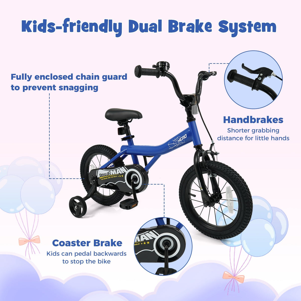Kids navy 14-inch bike with removable training wheels, featuring a durable frame and adjustable seat for young riders.