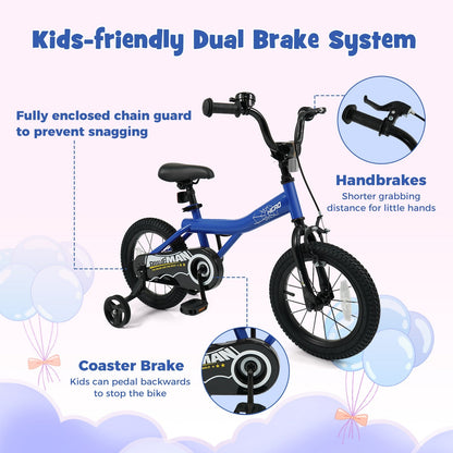 Kids navy 14-inch bike with removable training wheels, featuring a durable frame and adjustable seat for young riders.