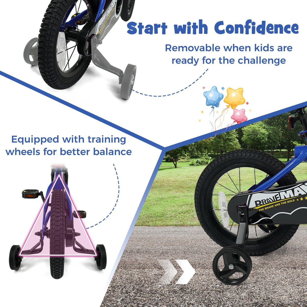 Navy 14-inch kids bike with removable training wheels and adjustable seat, designed for young children learning to ride.
