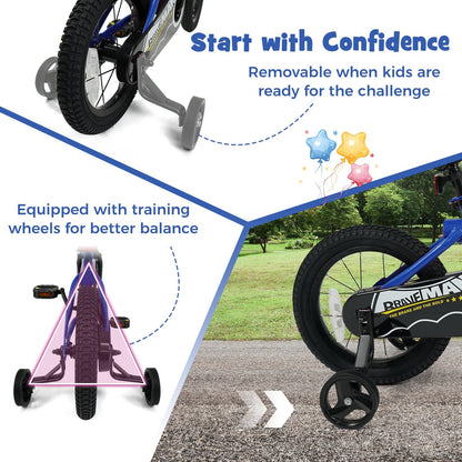 Navy 14-inch kids bike with removable training wheels and adjustable seat, designed for young children learning to ride.