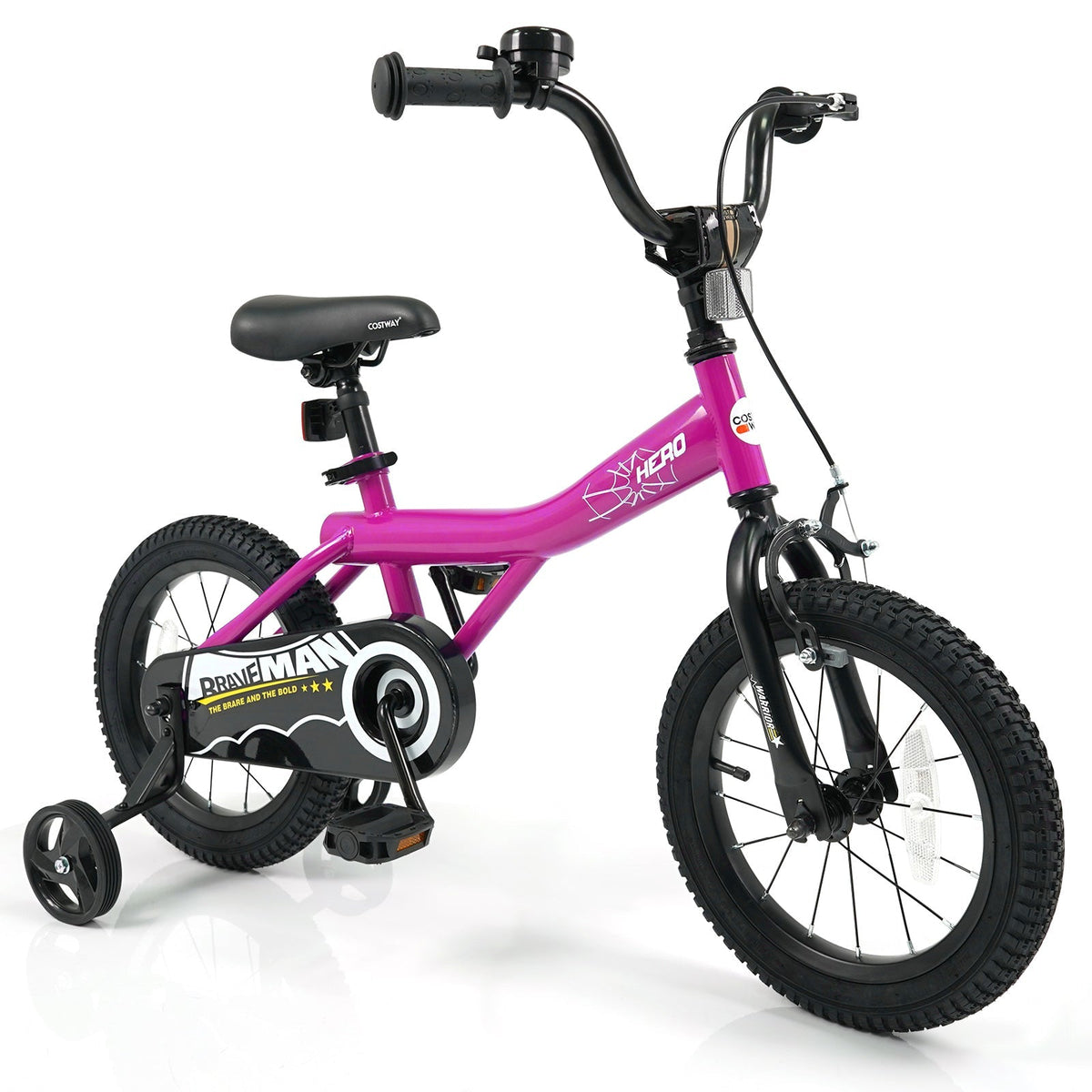 Pink 14-inch kids bike with removable training wheels and durable frame, ideal for young children learning to ride.