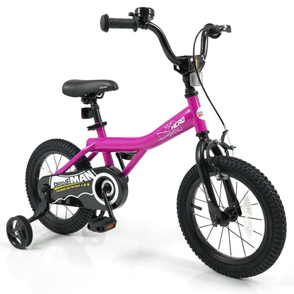 Pink 14-inch kids bike with removable training wheels and durable frame, ideal for young children learning to ride.