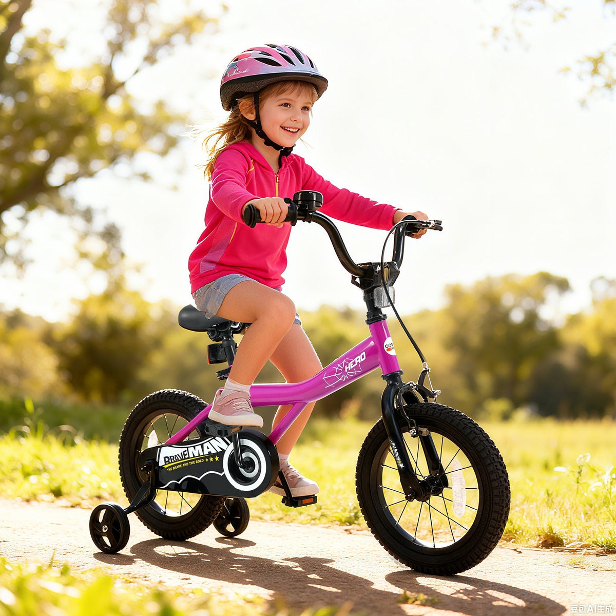 Pink 14-inch kids bike with removable training wheels from GBruno Store, featuring a sturdy frame and colorful design for young riders.
