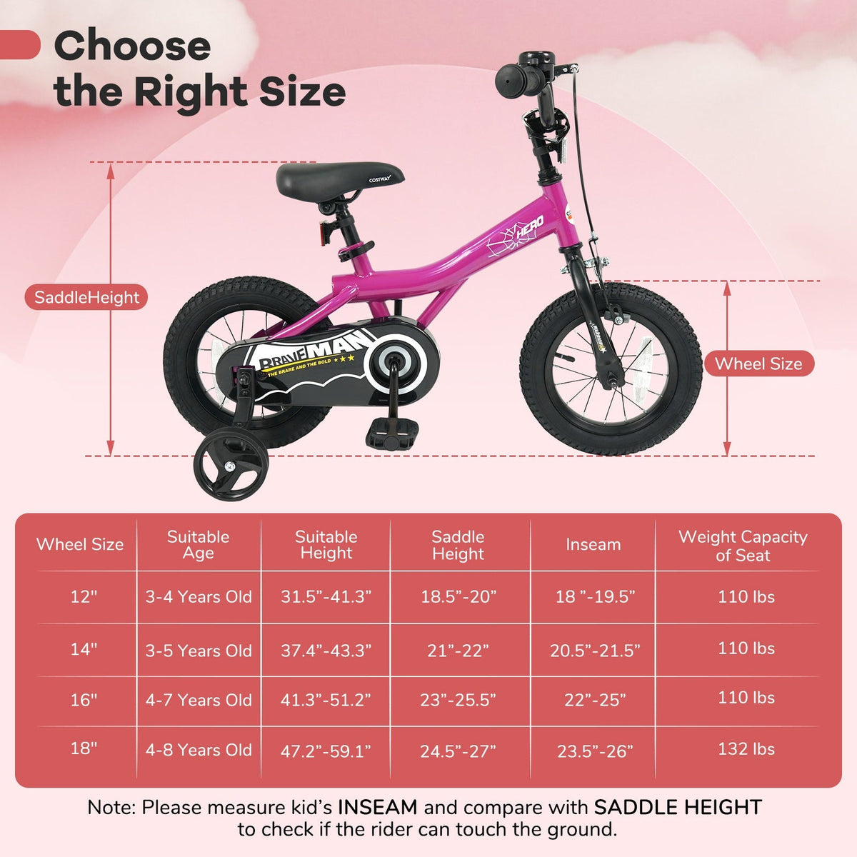 Pink 14-inch kids bike with removable training wheels and a durable frame, designed for young children learning to ride.
