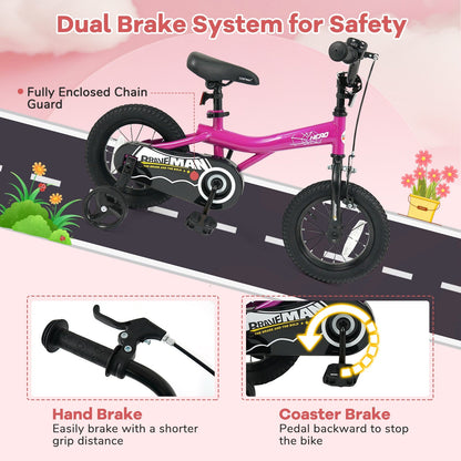 Pink 14-inch kids bike with removable training wheels and a sturdy frame, perfect for young children learning to ride.