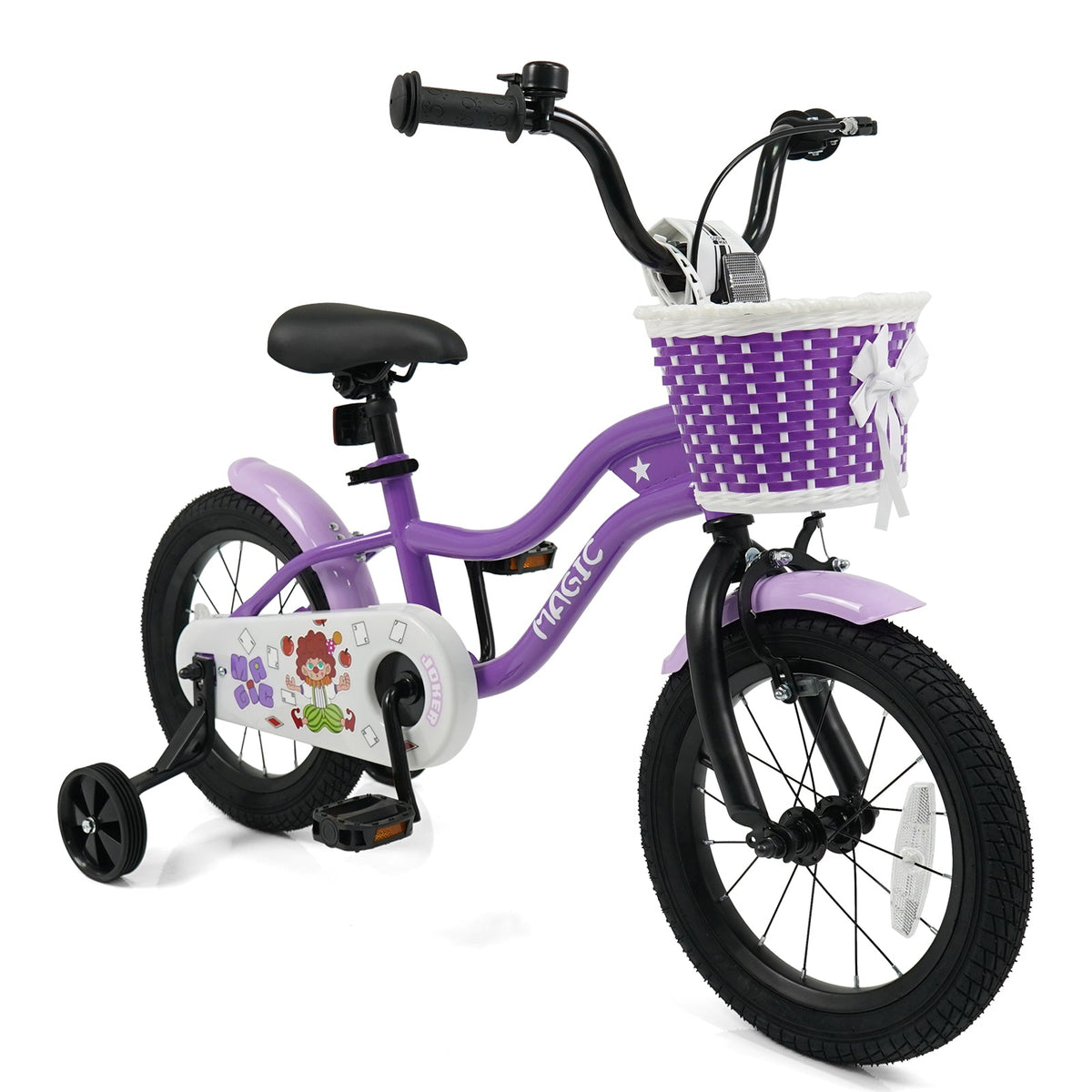 Purple kids bike with training wheels, 12-14 inch size, designed for young children to learn cycling comfortably.