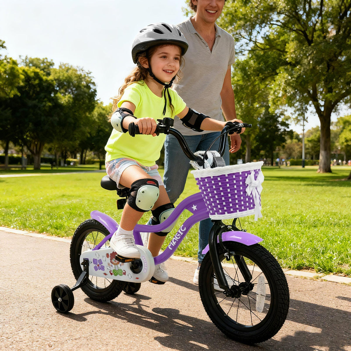 Purple kids bike with training wheels, 14-inch size, suitable for ages 12-18 inches, by GBruno Store.