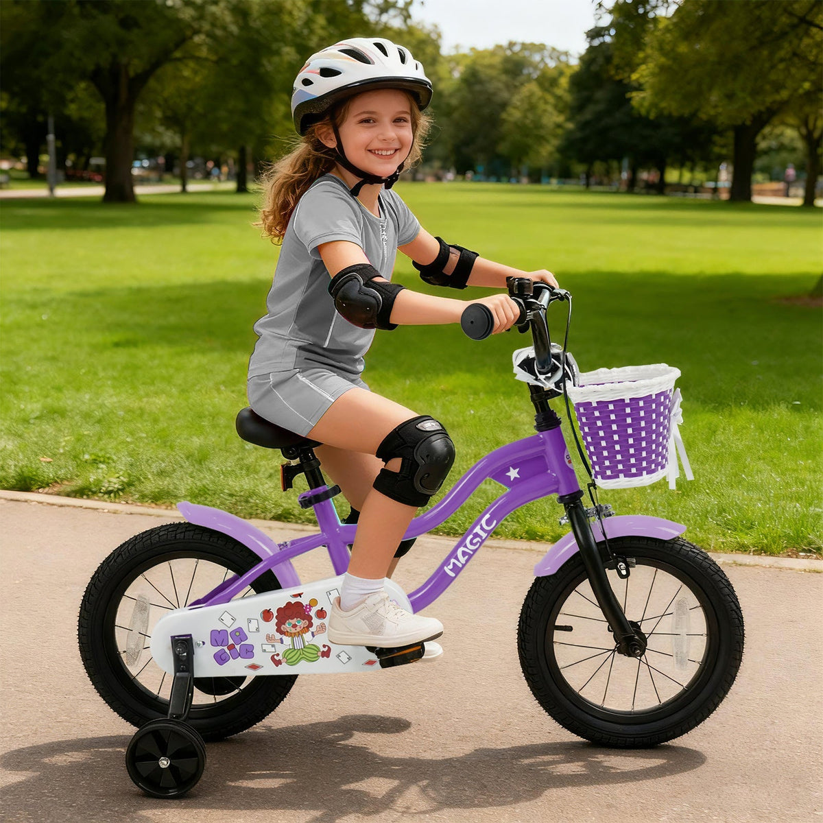 Purple kids bike with training wheels, 14-inch size, suitable for children learning to ride, from GBruno Store.