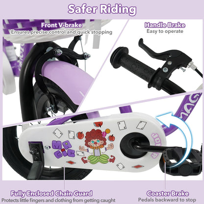 Purple kids bike with training wheels, 12-14 inch frame, suitable for young children, featuring a sturdy design and colorful accents.