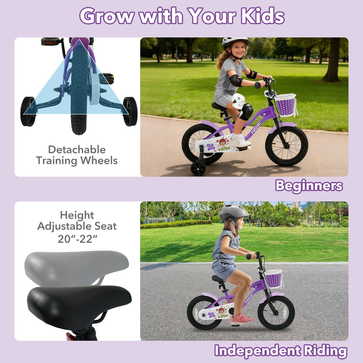 Purple kids bike with training wheels, 14-inch frame, suitable for ages 12-18 inches, by GBruno Store.