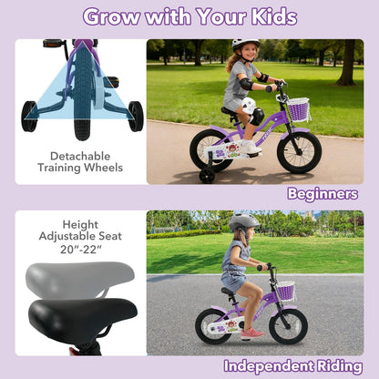Purple kids bike with training wheels, 14-inch frame, suitable for ages 12-18 inches, by GBruno Store.